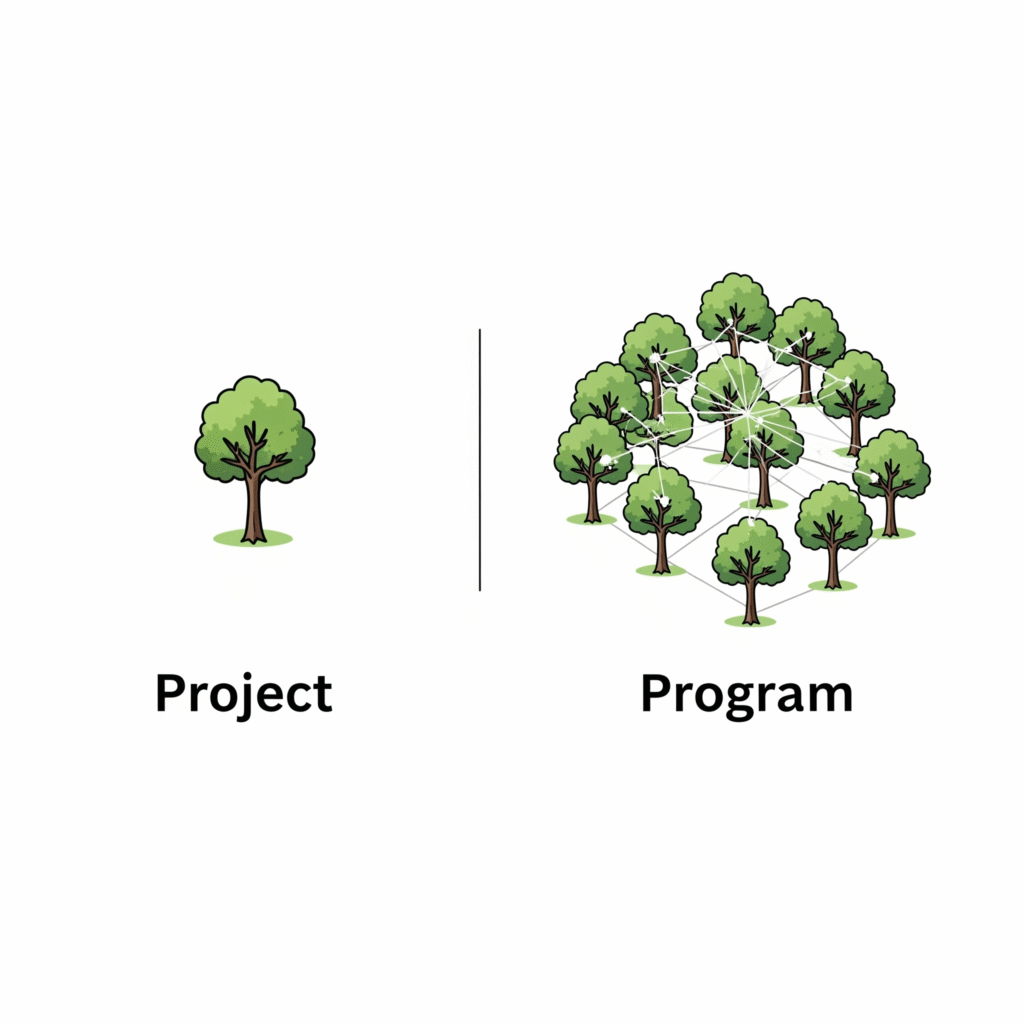 رسم توضيحي يُظهر فرقًا بصريًا بين المشروع والبرنامج، مثلاً: على الجانب الأيسر: مكعب واحد مستقل عليه عنوان "مشروع" وبه نشاط واضح (كأنه وحدة إنتاج صغيرة). على الجانب الأيمن: مجموعة من المكعبات الصغيرة المترابطة داخل هيكل أكبر مكتوب عليه "برنامج"، وتربطها خطوط تشير إلى التنسيق. أو شجرة صغيرة تمثل مشروعًا، وبجانبها غابة صغيرة تمثل برنامجًا.