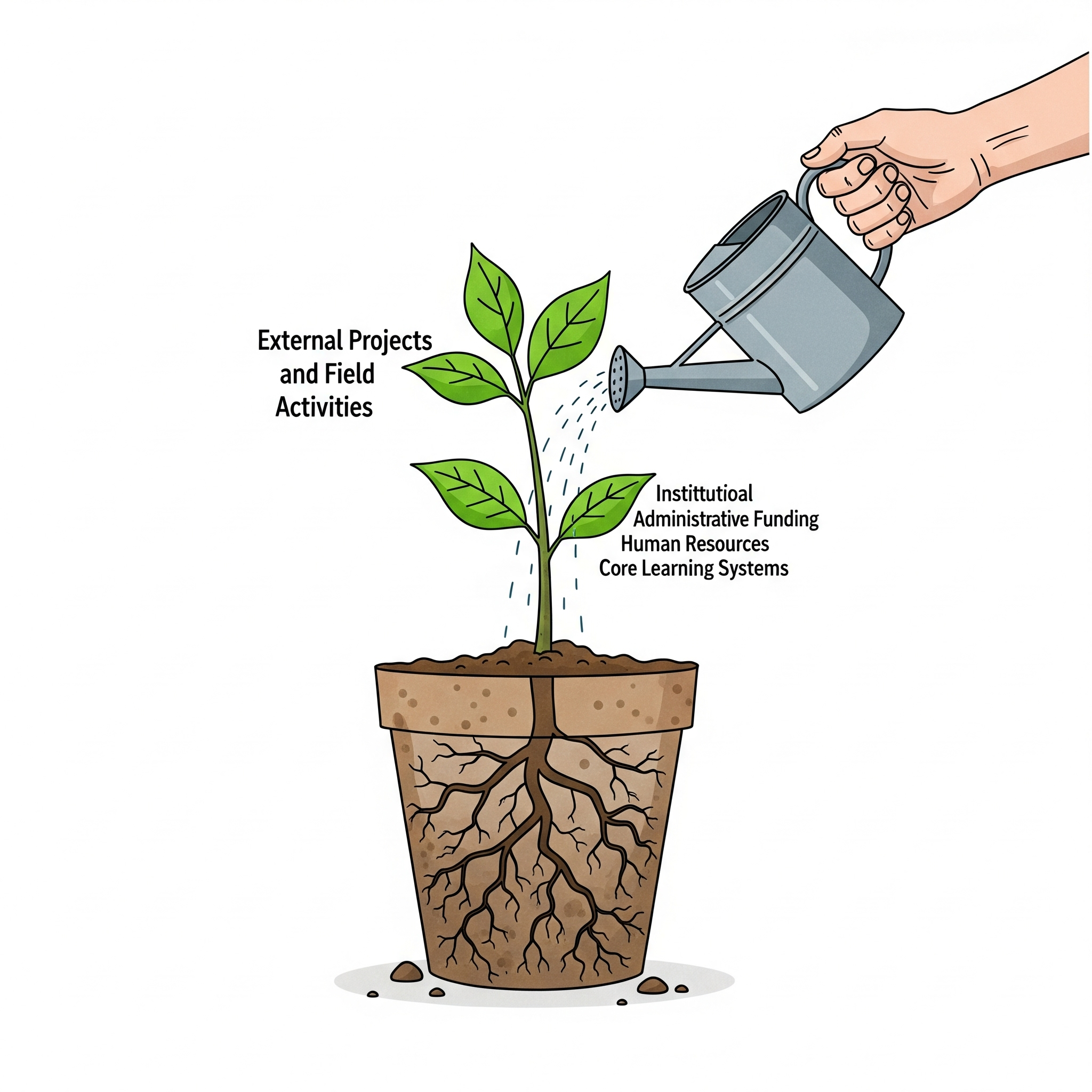 رسم توضيحي لنبتة تنمو في أصيص، تُروى فقط على الأوراق العلوية الممثّلة للمشاريع الميدانية، بينما تبقى الجذور التي تمثل التمويل المؤسسي والموارد البشرية جافة، لتوضيح فكرة دورة التجويع في المؤسسات غير الربحية.